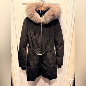 Soia & Kyo Black Puffer Coat with Tan Fur-Trim Hood